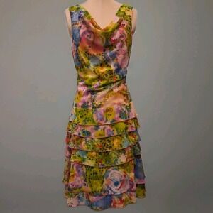 Joseph Ribkoff Womens Dress Sz 8  Floral Chiffon Cowl Neck Tiered Whimsigoth